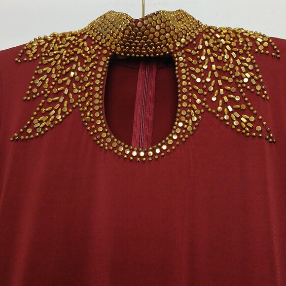 GoodtimeUSA Dresses & Skirts - Elegant Burgundy Gold Studded High Neck Bodycon Midi Dress Sz M
